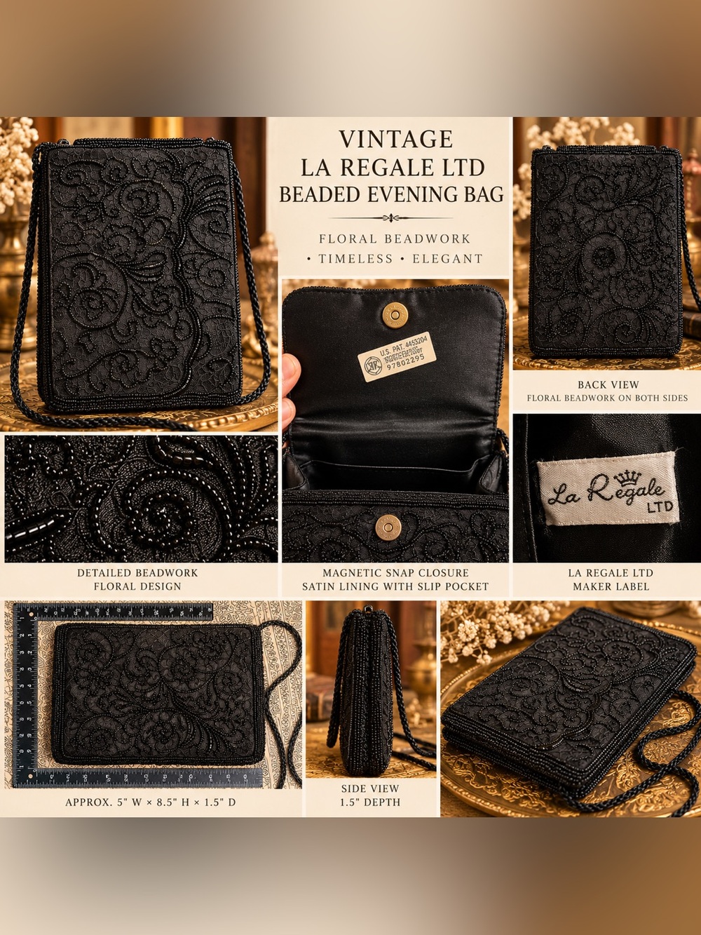 La Regale Black Beaded Evening Bag Floral Brocade Vintage Shoulder Purse